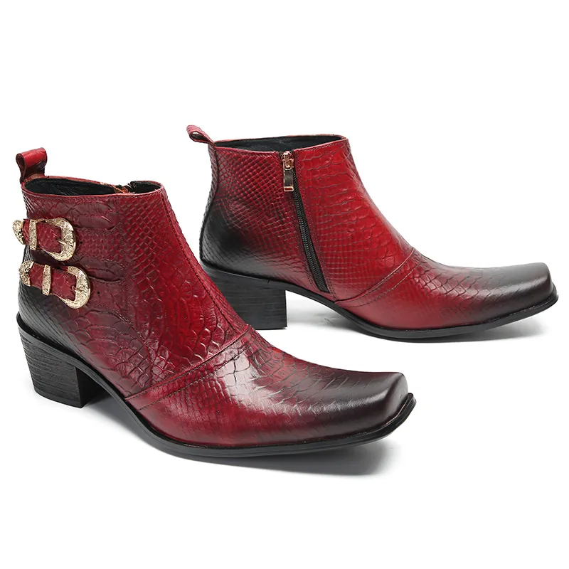 Botas Britischen Stil Rot Echtes Leder Männlichen Party Kleid Schuhe Plus Größe Schnalle Motorrad Stiefeletten Formale Kurze Männer Stiefel