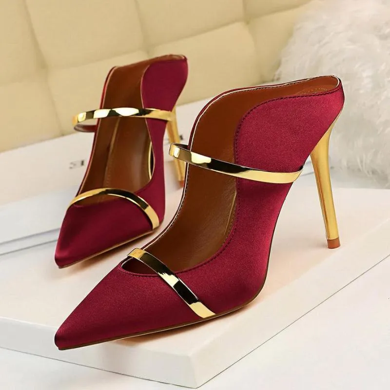 Slippers 2023 Women Fetish 10cm High Heels Slides Female Sexy Summer Satin Mules Lady Slip On Yellow Sandals Silk Burgundy Shoes