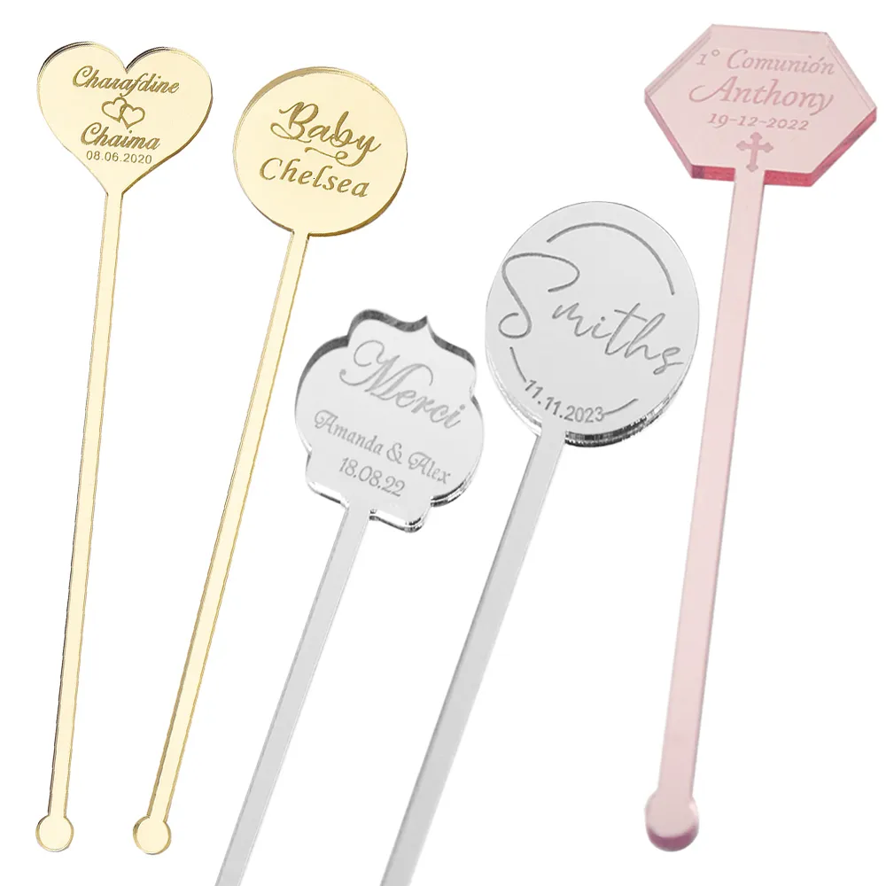 Other Event Party Supplies 50*Personalized Engraved Round Acrylic Mirror Drink Stirrer Swizzle Sticks For Baby Shower Wedding Gift Decor Party Gfit 230710