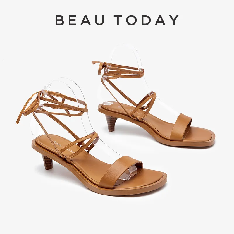 Dress Shoes BEAUTODAY Lace up Sandal Cow Leather Cross Tied Ankle Strap Pumps Bohemian Style Summer Ladies Handmade 31255 230710