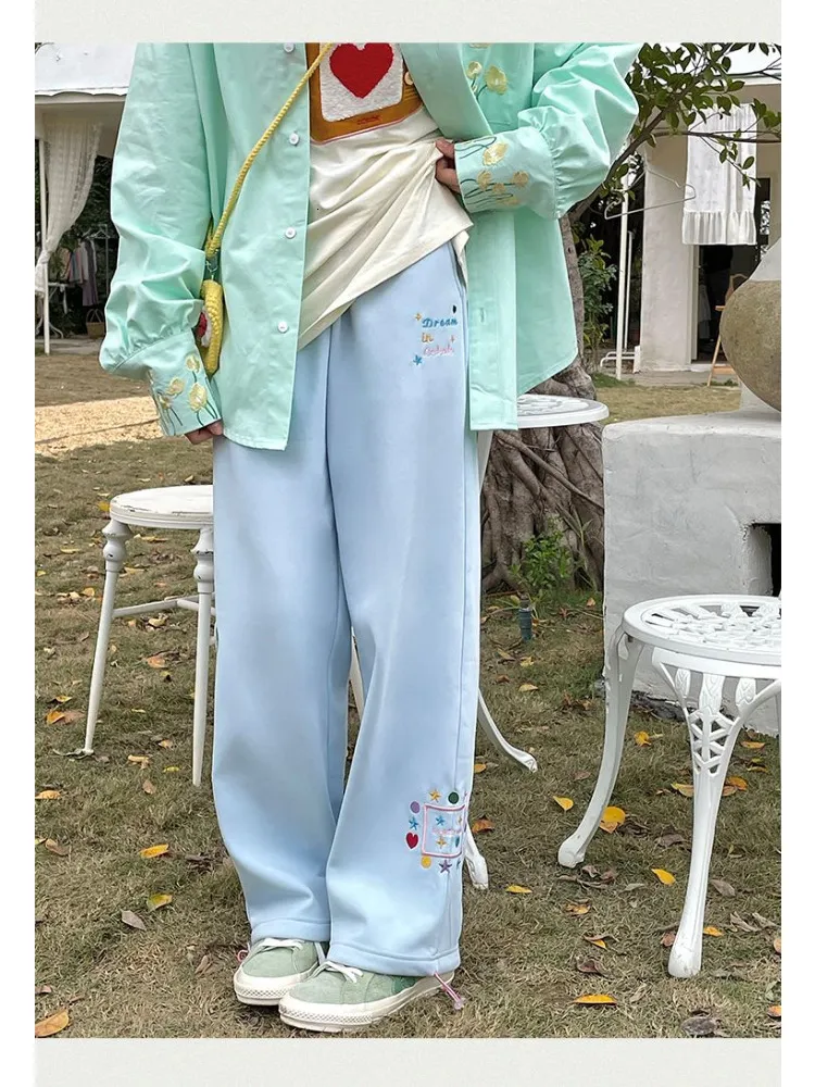 Womens Pants Capris HOUZHOU Kawaii Japanese Star Beige Pants Women Preppy Korean Style Cute Wide Leg Trousers Female Casual Sweet Sweatpants Girl 230710 From 40 13 DHgate