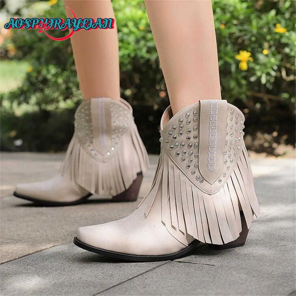 Bottes 2023 femmes rivetées lisse gland bord riveté Western Cowboy bottines glisser sur point Cowboy chaussures L230711