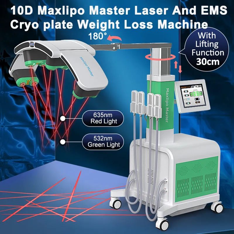 Red Green 10D Laser leve a laser Máquina de emagrecimento com 4 almofadas crio -crio de EMS Construa moldagem muscular Cryolipólise