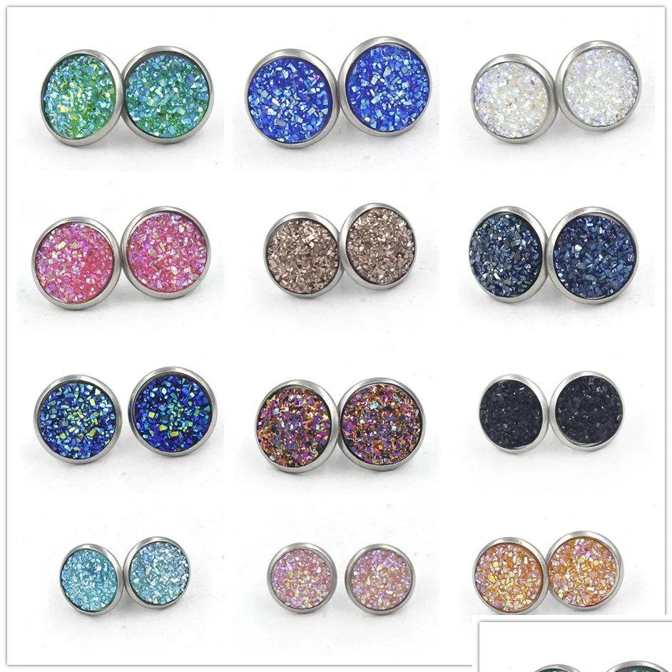 Stud Fashion 12Colors Round 12Mm Resin Druzy Drusy Earrings Stainless Steel Handmade For Women Jewelry Drop Delivery Dh7B3