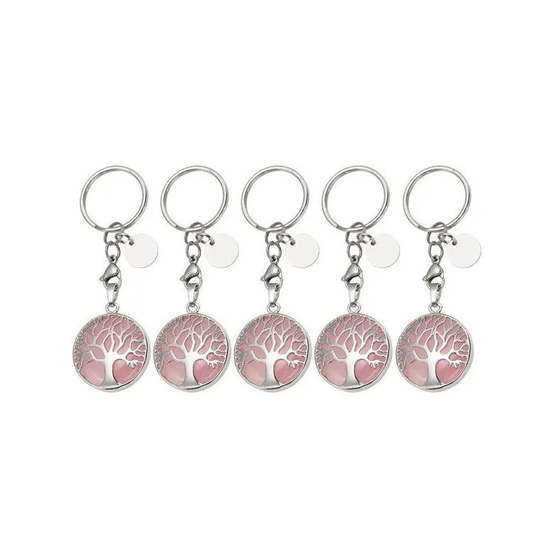 Chaveiros Natural Quartzo Rosa Pedra Preciosa Árvore da Vida Chaveiro Anel Cura Ametista Cristal Corrente Jóias Drop Delivery Dhmgu