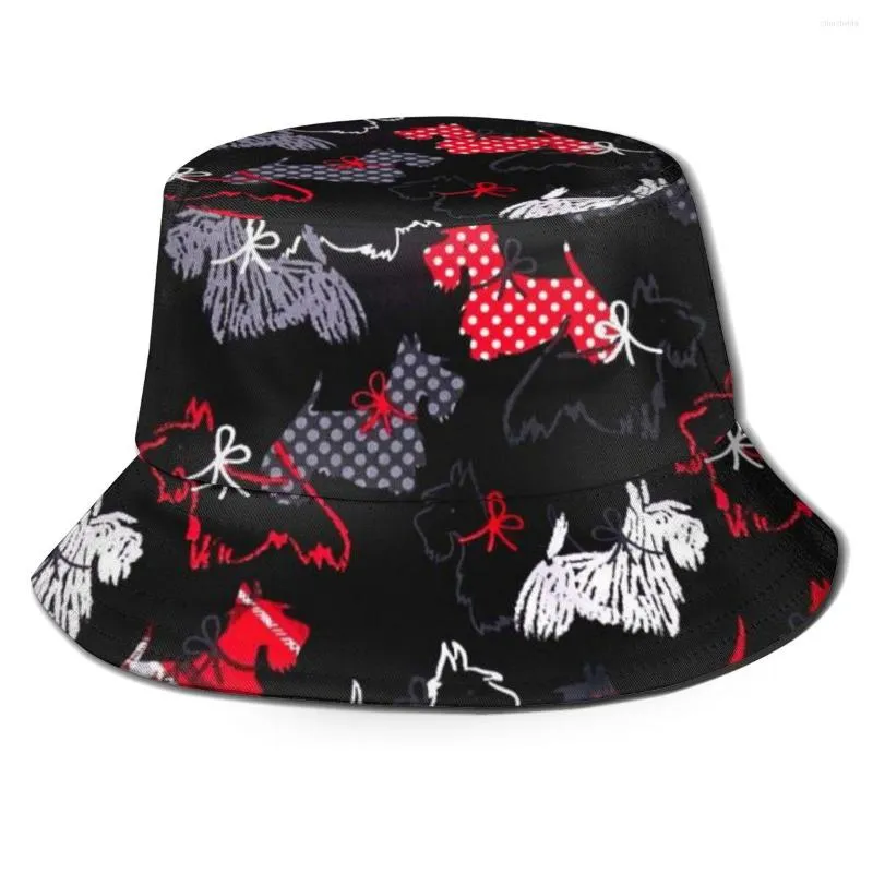Berets Cartoon Black Westie Print Wild Hat Women Panama Bucket Scottie Dog Design Flat Sun Visor Fishing Fisherman Bob Hip Hop