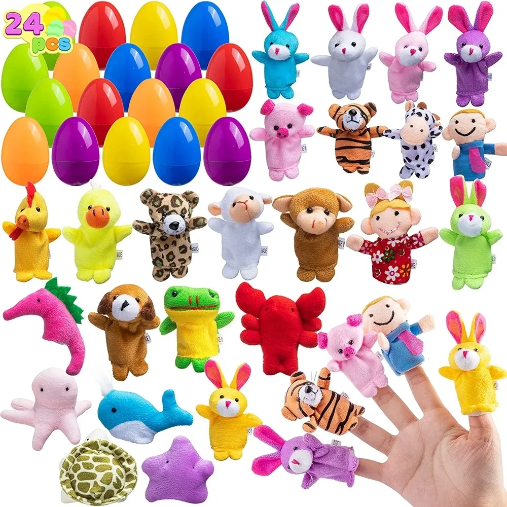 Novelty Games 24pcs Oeufs de Pâques pré-remplis avec des marionnettes à doigt d'animaux pour les tout-petits enfants Panier de Pâques Stuffers Goodie Bag Fillers Party Favors 230710