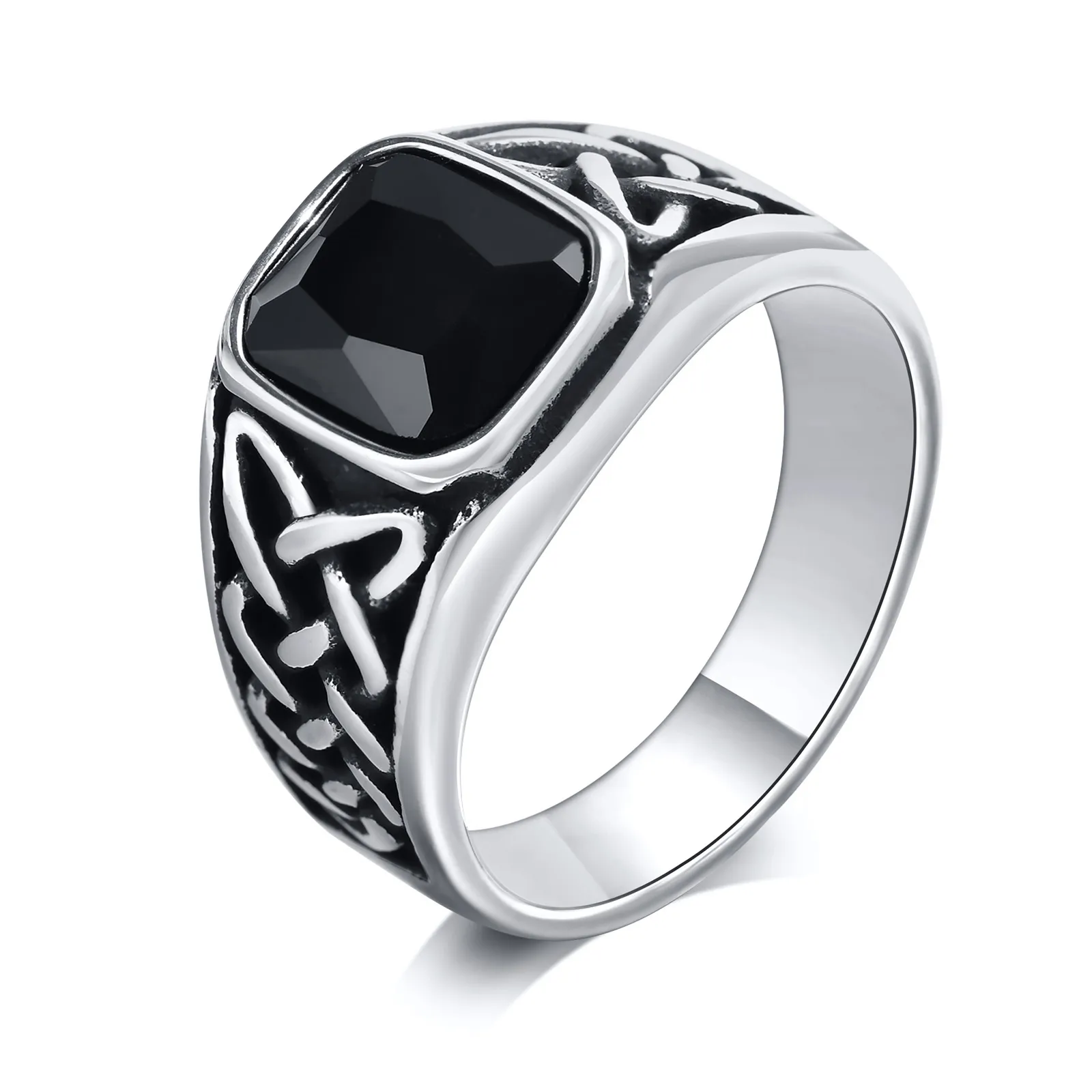 Punk-Vintage-Ethno-Ringe für Männer, Retro-Wikinger-Knoten-Rune-Fingerband, schwarzer geometrischer quadratischer Stein-Siegelring-Schmuck