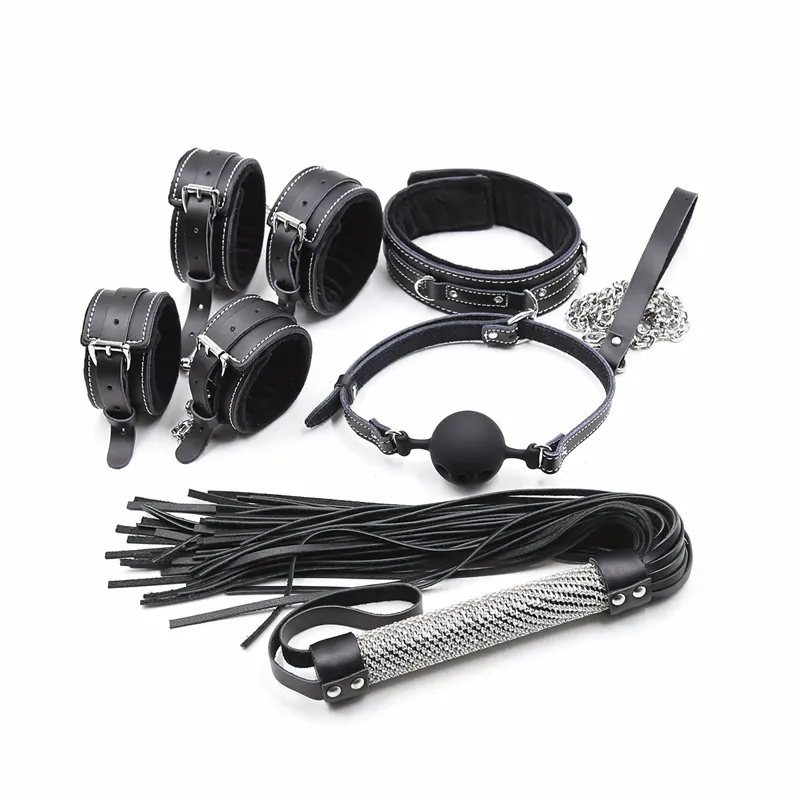 Esaret 5pcs bdsm esaret seti köle yaka bdsm deri seks kelepçeleri seksi anklecuffs kırbaç açık ağız gag top seks oyuncak kiti kadın için 230710