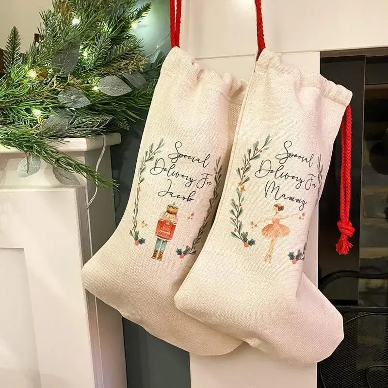 Christmas Stocking Sublimation DIY White Blank Linen Santa Socks Snowflake Xmas Tree Decoration Festival Gift Bag