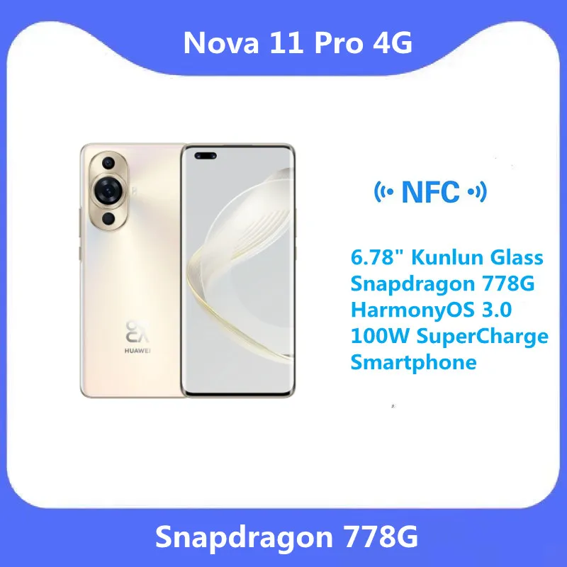 Nouveau téléphone portable d'origine huawei nova 11 pro 4G 6.78 "muflier en verre kunlun 778G harmonieOS 3.0 100W smartphone superCharge