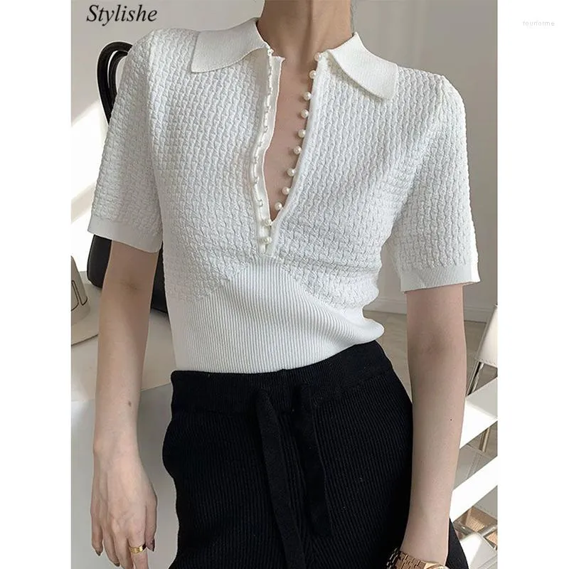 Women's T Shirts Turn Down Collar White Tops Women Short Sleeve Slim Faux Pearl Buttons Vintage Shirt Korean Fashion Clothes