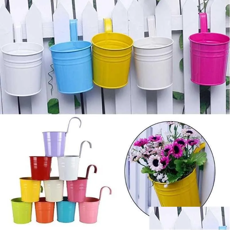 Planters Pots Colorf Metal Iron Flower Wall Hanging Plants Pot Hook Bucket Tin Garden Planter Balcony Succent Basket Drop Delivery Dhcfg