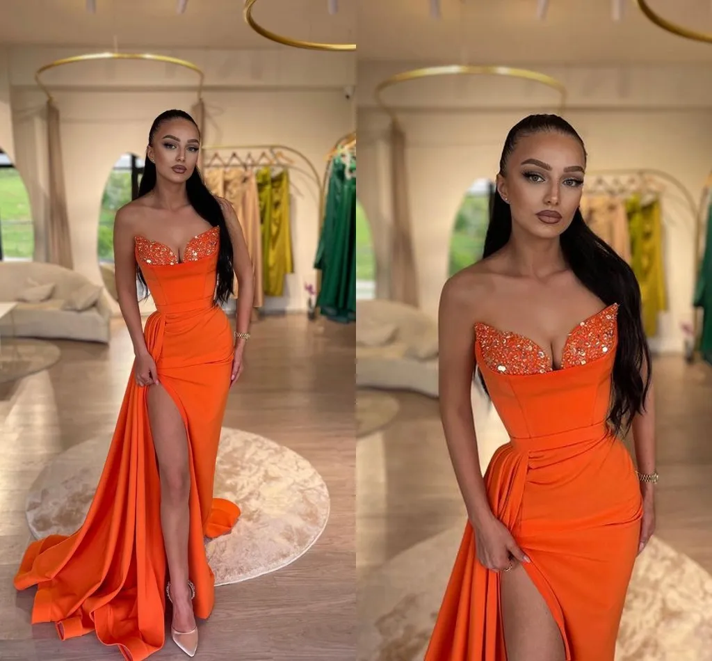 Sirena naranja sexy Vestidos de baile largos para mujer Cariño Drapeado Lentejuelas Lado alto Dividir Ropa formal Fiesta de noche Concurso de cumpleaños Vestidos de segunda recepción