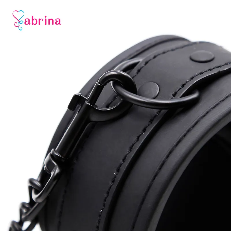 Fetish Sexy BDSM and Ankle Cuff Black Leather Handcuff Sex Toy for Couple Game Metal Bondage_voghion.com