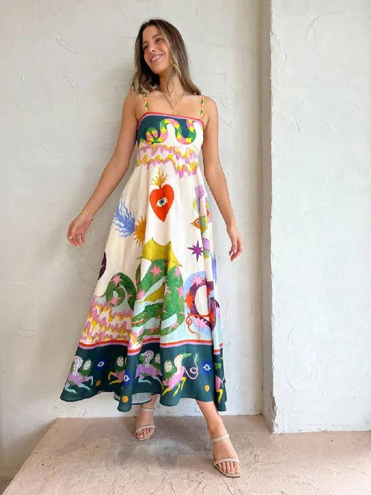 Casual Dresses Print Holiday Women Beach Dress Animal Spaghetti Stems High midje Summer Female Colorful Sleeveless Robe