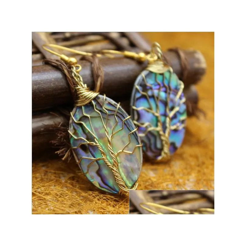 Dangle Chandelier Golend Wire Wrapped Tree Of Life Earrings With Oval Abalone Paua Shell 5 Pairs Drop Delivery Jewelry Dhlv2