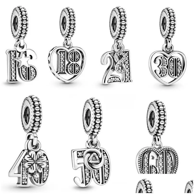 Silver Fit Pandora Charm Armband European Sier Charms Beads Antal Ålder 18th Diy21Th 30th Birthday 50 Pendant DIY Snake Chain For Wo Dheni