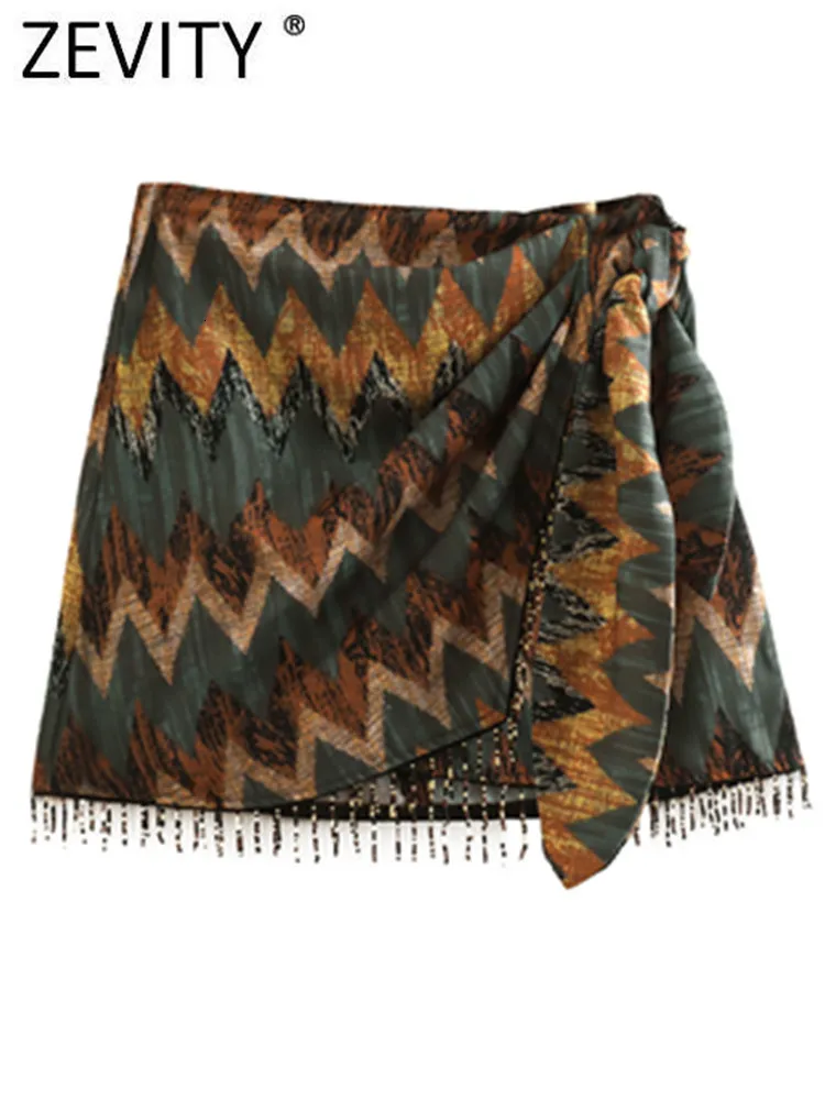 Skirts Zevity Women Vintage Geometric Print Knotted Mini Sarong Skirt Faldas Mujer Female Beading Tassel Casual Zipper Vestidos QUN1436 230710