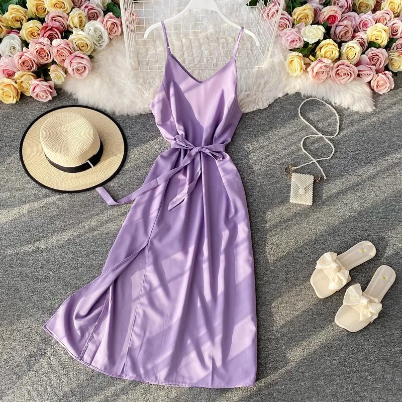 Casual Dresses French Vintage V Neck Sexy Spaghetti Strap Bandage Dress Summer Party Long Robe Ete Women High Waist Split Tunic Beach