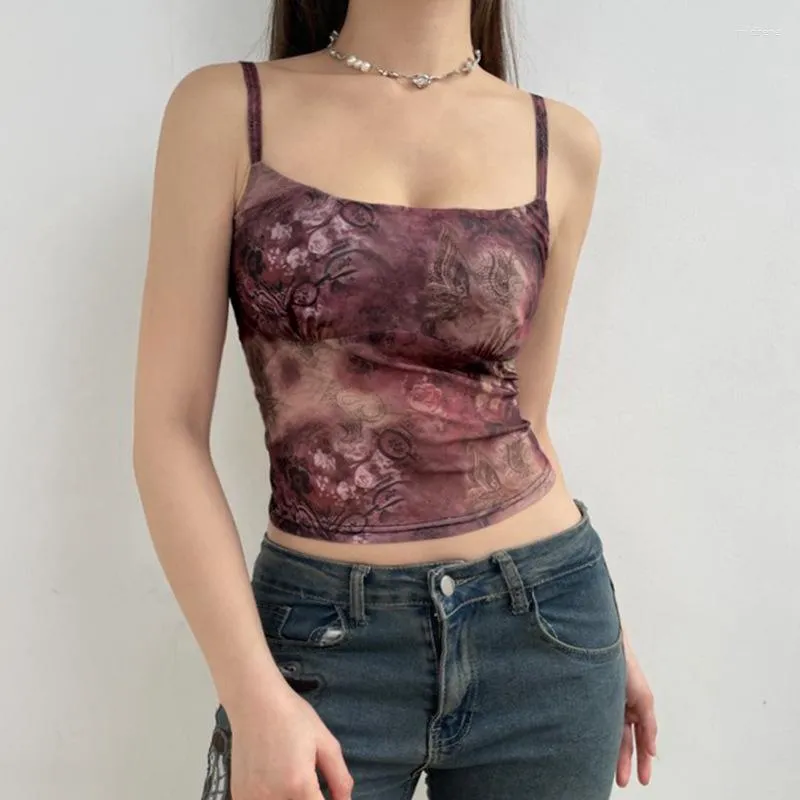 Damen Tanks Vintage Blumendruck Mesh Crop Top Frauen Harajuku Rückenfrei Grunge Y2k Camis Tops Streetwear Ärmellose Outfits Sommer 2023