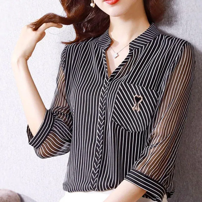 Women's Blouses Spring Summer Chiffon Women Office OL Style Half Sleeve Ladies Striped Casual Shirts Temperament Tops Blusas MM0414