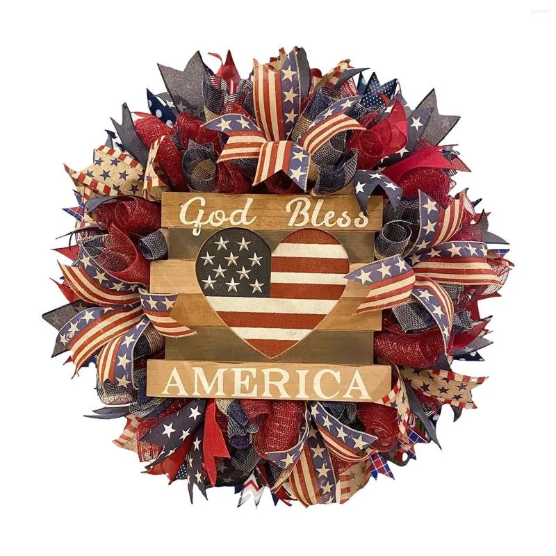 Dekoratif çiçekler Amerikan bayrağı yapay çelenk bağımsızlık günü 16inch yuvarlak asılı ön kapı açık duvar dekorasyonu