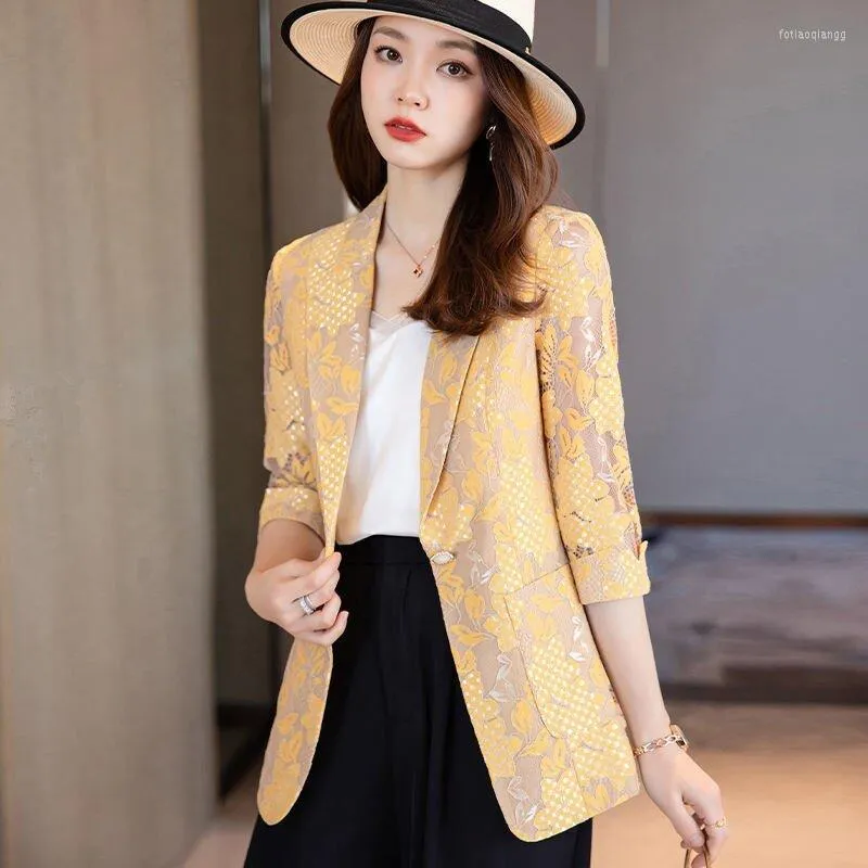 Womens Suits Plus Size S 4XL Women Blazer Jacket Three Quarter Sleeve Lace Slim Spring Summer Autumn Fashion Casual Elegant Black Yellow From 24 92 DHgate