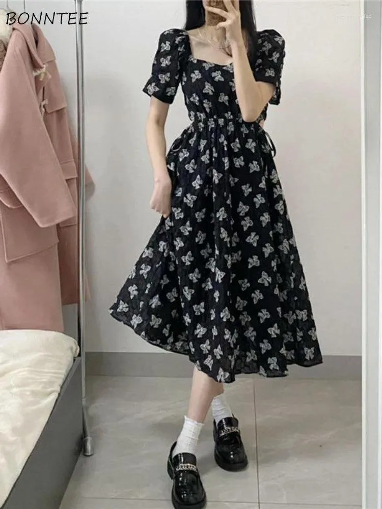 Casual Dresses Women Summer Retro Slim Simple Female Harajuku Vintage Soft All-match Party Wear Student Tunic Print Cozy Holiday Basic