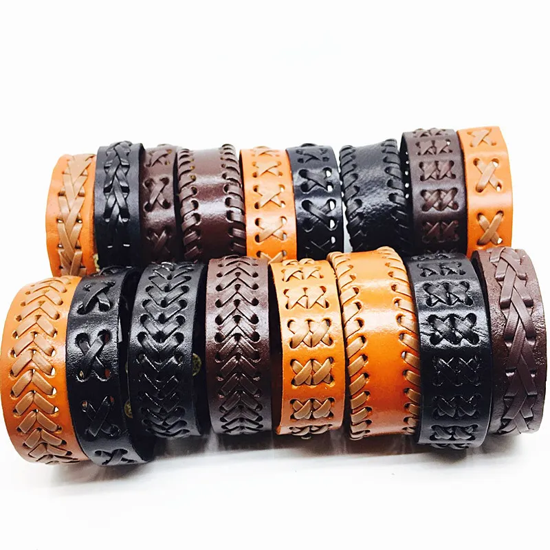 Chain MIXMAX 50pcs men leather bracelet bangle wristband vintage retro women unisex handmade Press button black brown fashion jewelry 230710