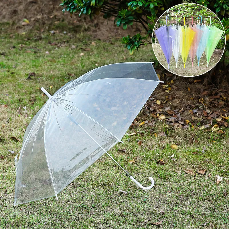 Transparenta paraplyer Clear PVC Se genom paraplyer Långhandtagsfest bröllop resor dating evenemang j hook pinne paraply w0063