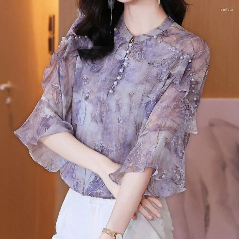 Camicette da donna 2023 Abbigliamento temperamento sciolto Elegante estate sottile casual moda coreana stampa bottoni O-collo manica corta