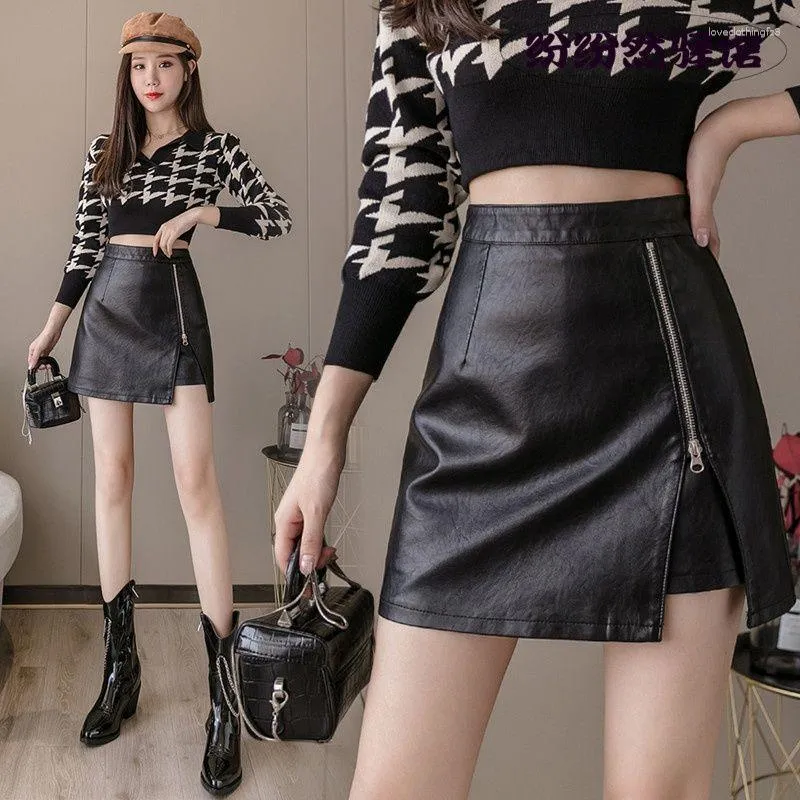 Röcke Sexy Club Mädchen Schwarz Leder Weibliche Sommer Herbst Mini Rock Koreanische Mode Hohe Taille Hüfte Paket A-linie Kurz