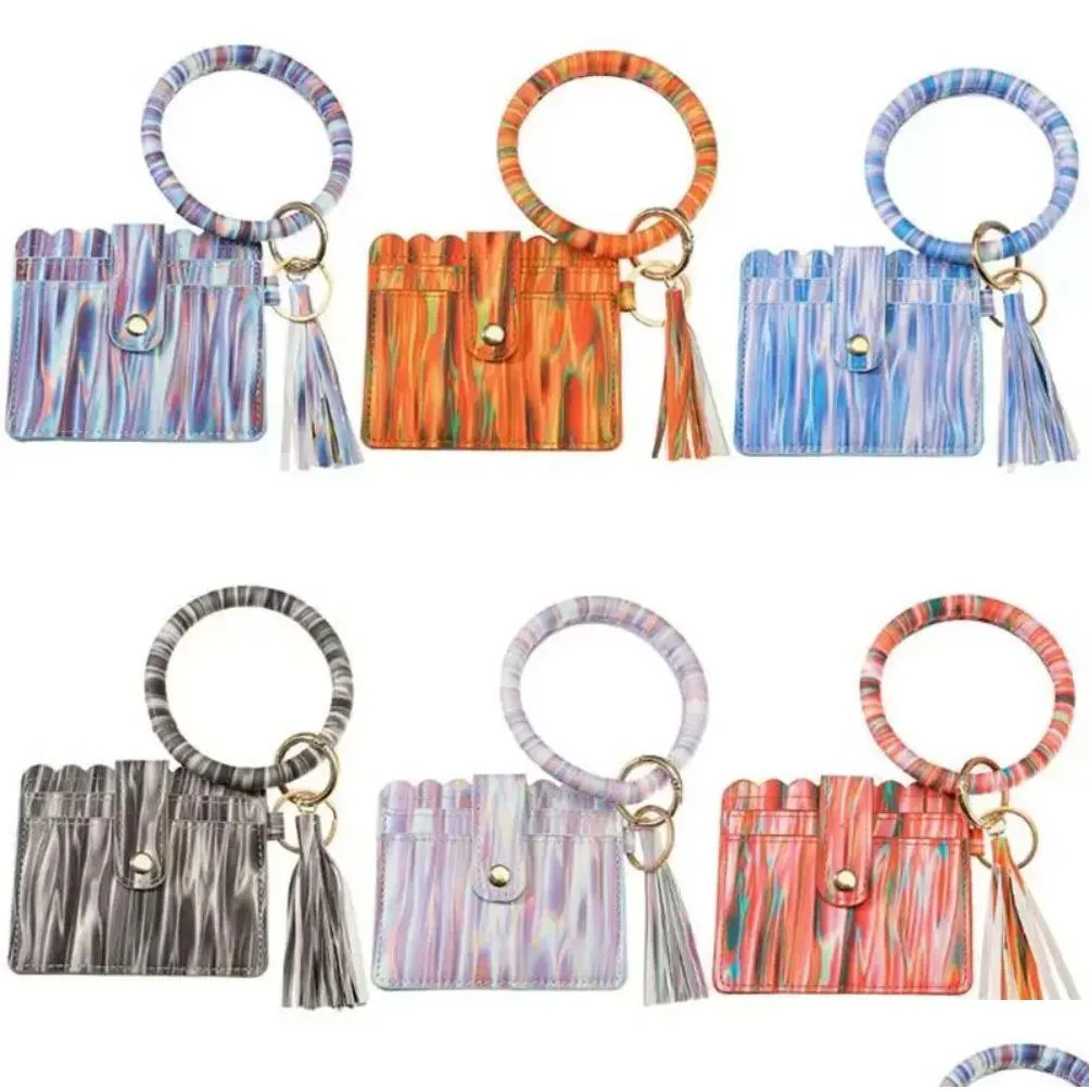 Key Rings Ups Shiny Pu Leather Card Bag Keychains Party Bracelet Keychain Wallet With Tassels String Bangle Ring Holder Wristlet Han Dheym