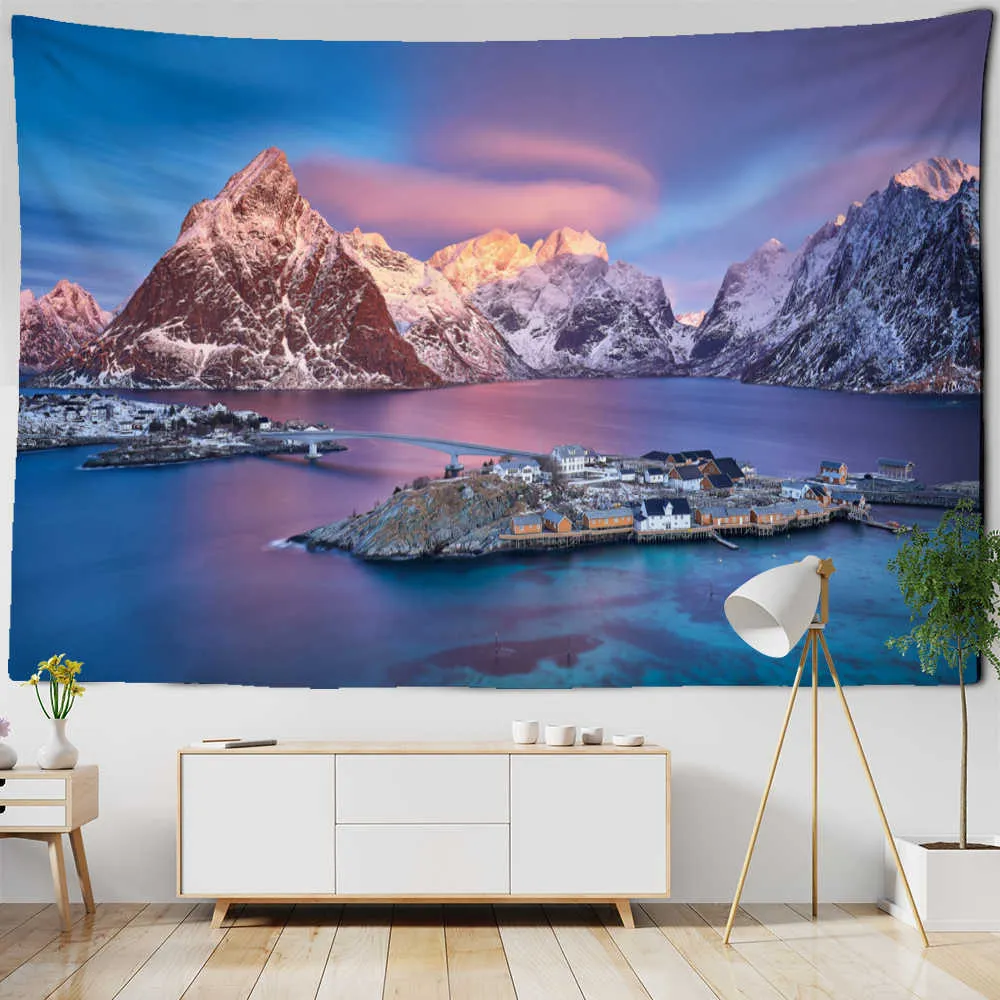 Tapestries Aurora Snow Mountain Landscape Tapestry Wall Hanging Style Mystery Home Wall Decor Background Cloth