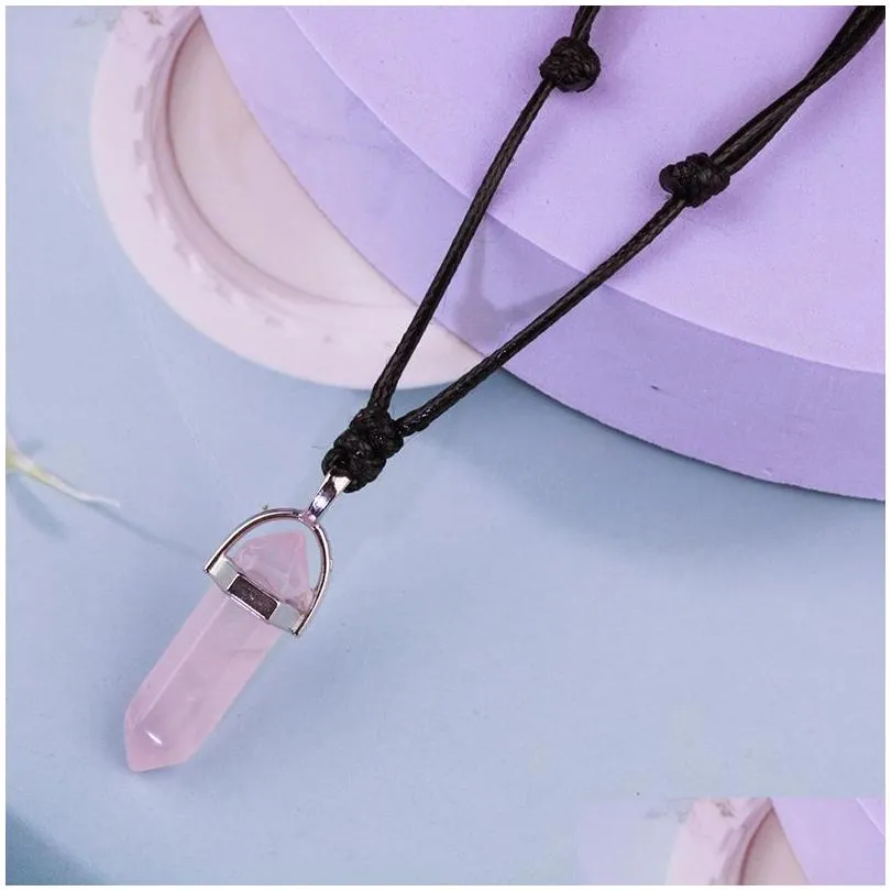 Pendentif Colliers Réglable Pierre Naturelle Hexagone Prisme Collier Cristal Rose Quartz Tissé Femmes Bijoux Cadeau Drop Delivery Pendentifs Dha0S