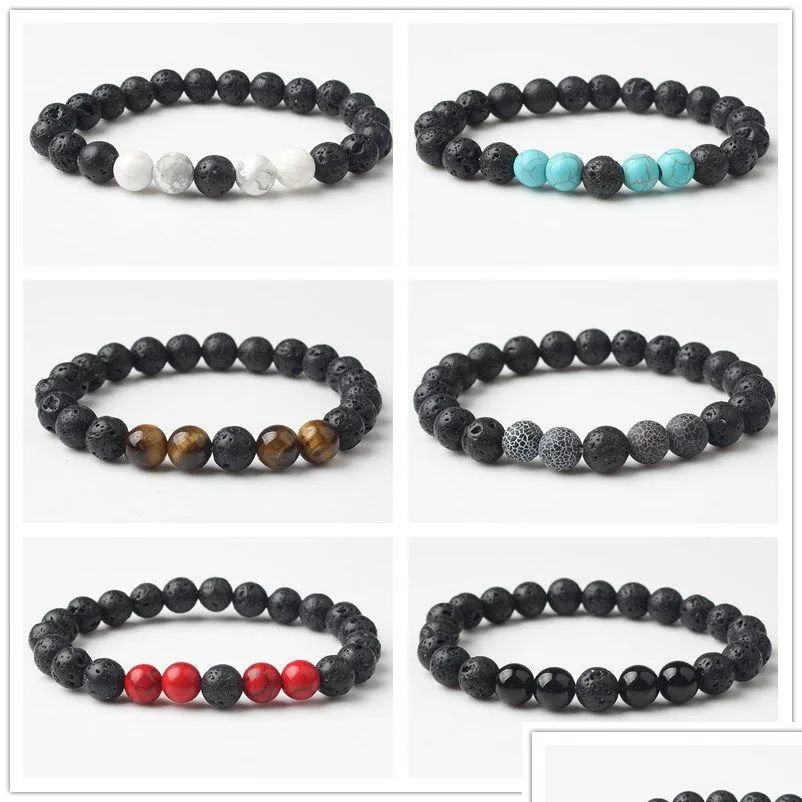 Charm Armbanden 8Mm Natuurlijke Lavasteen Kraal Whiteturquoise Tijgeroog Armband Diy Vulkaan Essentiële Olie Diffuser Voor Vrouwen mannen Jewel Dhabo