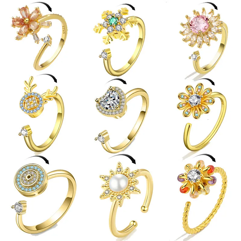 Wedding Rings Anti stress Anxiety Ring Rotating Flower Moon Star Butterfly Crystal Zircon Fidget Spinner Open for Women Gift 230710