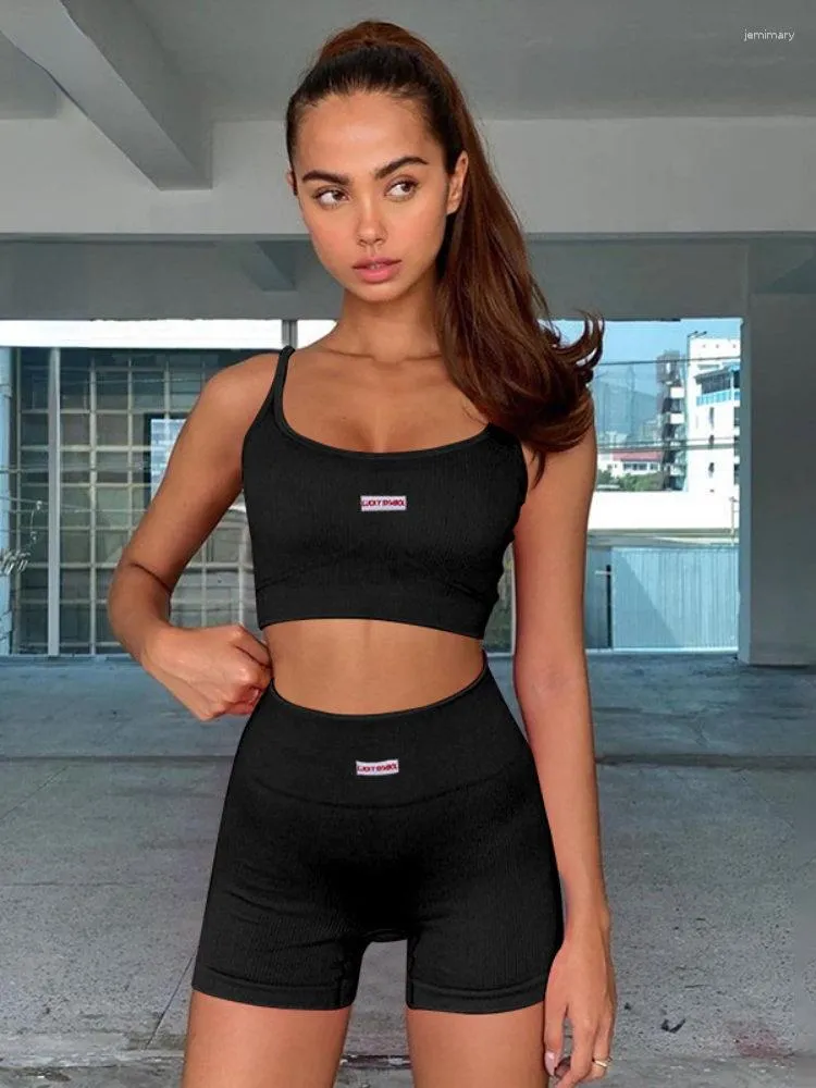 Women's Tracksuits Sexy Letter Print Black Ribbed Knitted Workout Cropped Tank Biker Shorts 2 Pcs Women 2023 Summer White Baddie Matching