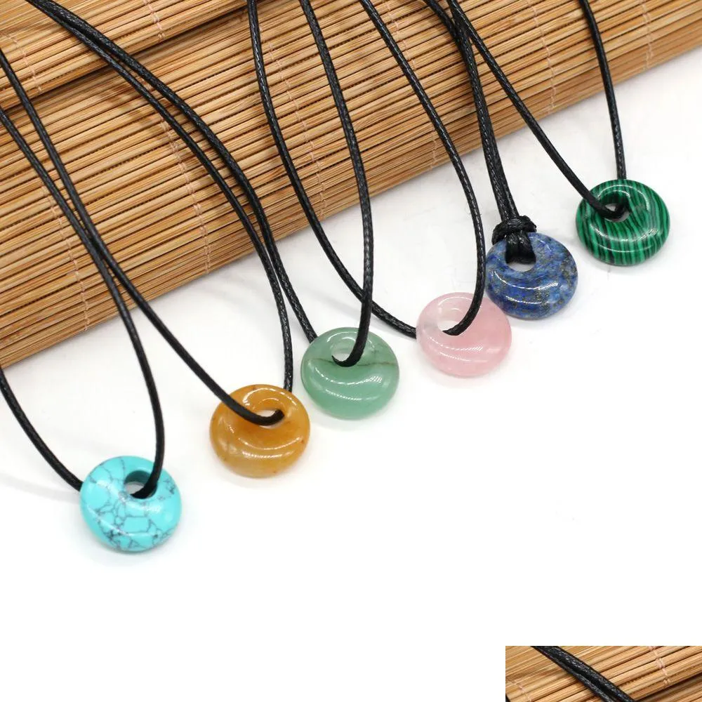 Pendant Necklaces Natural Stone 18Mm Peace Buckle Tiger Eye Turquoise Opal Quartz Crystal For Women Reiki Heal Pendum Charms Leather Dha6O