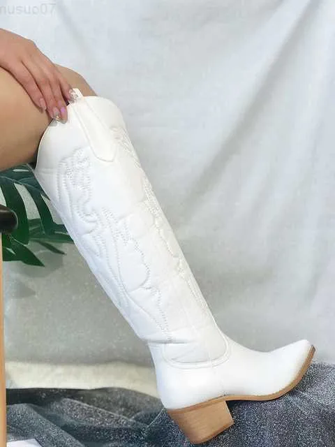 Boots Cowboy Cowgirl Western Boots Autumn White Knee High Heels Women's Large 41 Comfortable Walking Stacked High Heels Vintage Shoes L230711