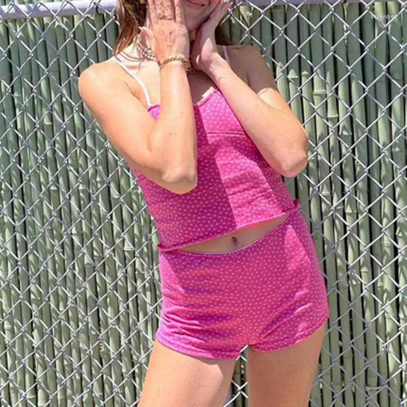 Women's Tracksuits Polka Dot Pink Camisole Cute Girl Sweet 2 Piece Set Summer Sleeveless Slim Fit Crop Tops Short Pajamas Chic Women Y2K