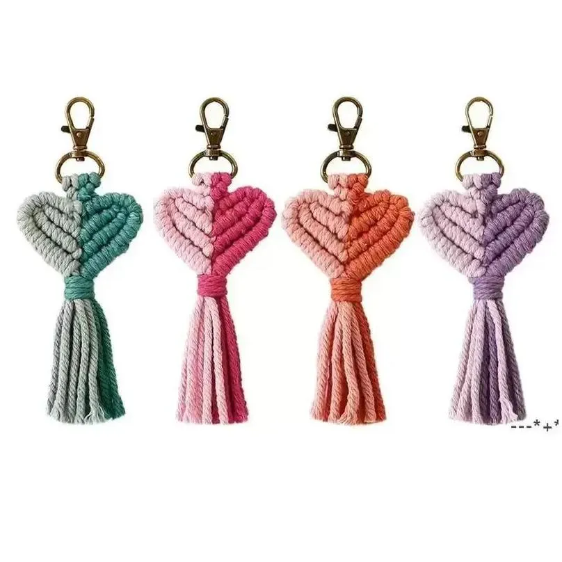 Key Rings Vintage Hand Woven Keychain Creative Heart Shaped Tassel Keychains Bag Decoration Pendant Chain Valentine Day Gift Keyring Dhmgt