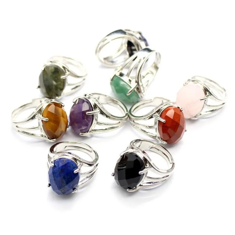 Solitaire Ring Natursten Ägg Oval Mtifacetterade Ringar Tigers Eye Lapis Rosa Kvarts Ametist Opal Kristall Finger För Kvinnor Smycken D Dhjye