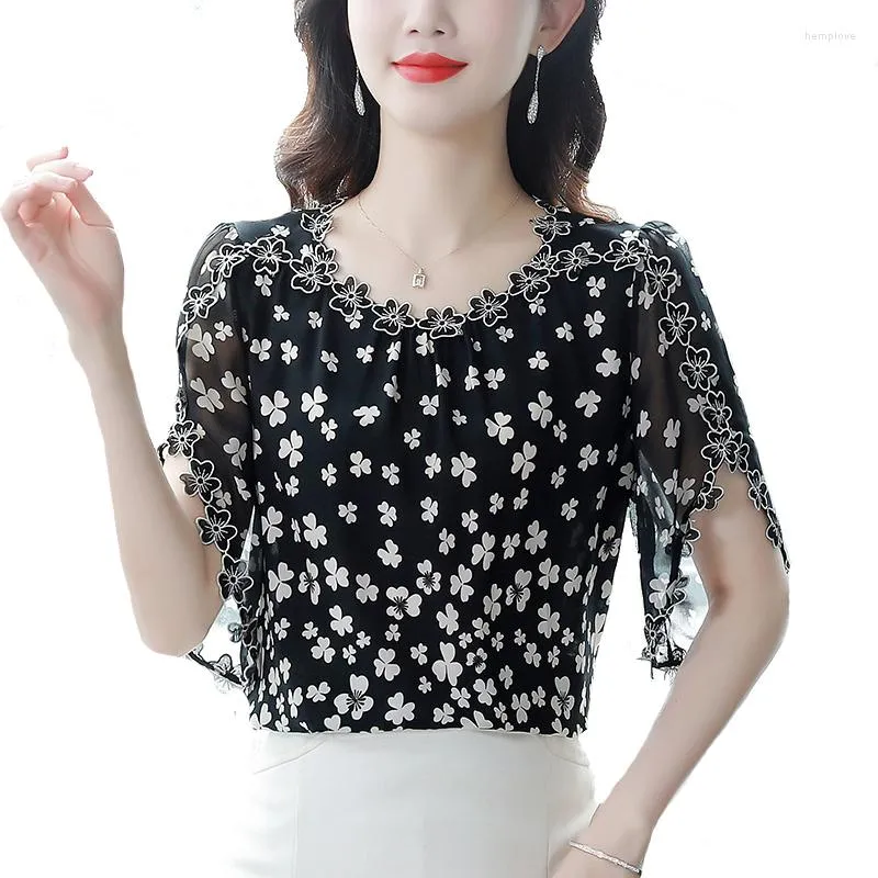 2023 Summer Womens Floral Embroidered Flying Sleeve Chiffon Blouse