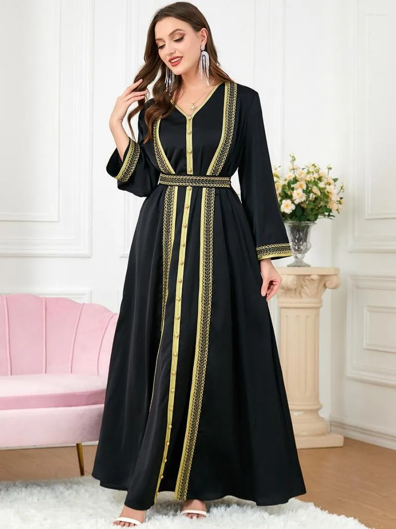 Ethnische Kleidung Eid Ramadan Marokko Muslimische Frauen Kleid Abaya 2-teiliges Set Kaftan V-Ausschnitt Maxi Langarm Arabisch Türkei Dubai Luxus Abend