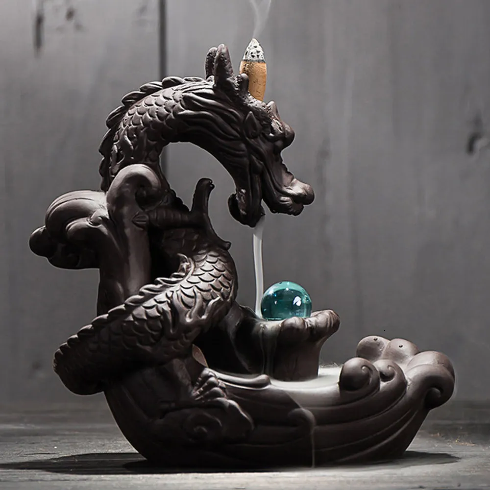 Lampes à parfum avec 10 cônes en céramique Backflow Dragon Encens Creative Home Decor Dragon Censer Avec Lucky Crystal Ball 230710