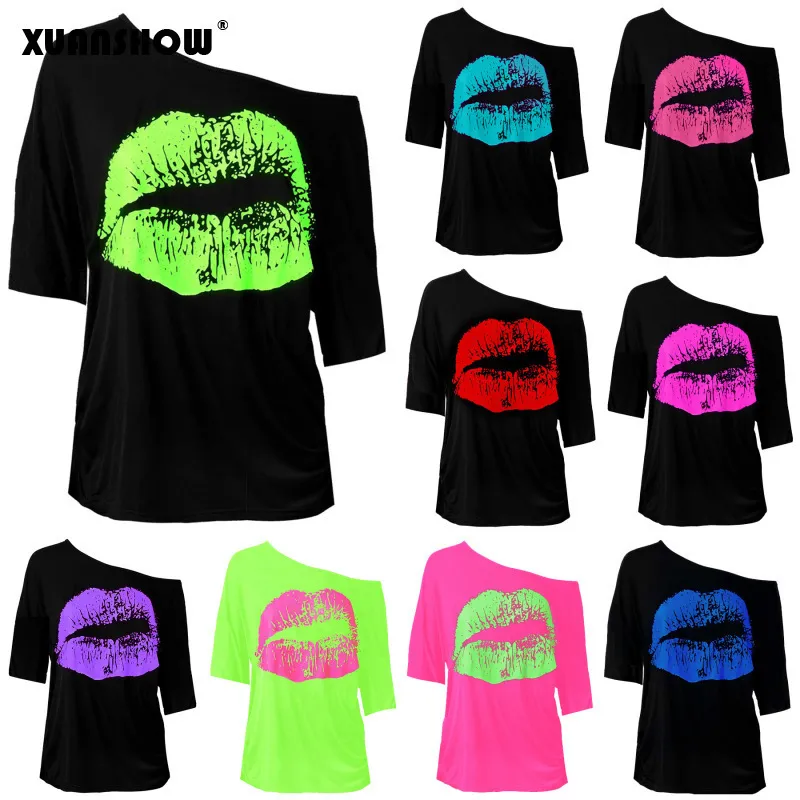 تي شيرت النساء Huanshow Women's Sexy Clothing Top Chiffon Neckline Lip Middle Lip Print Retro Long Y2K Clothing T-Shirt 230710