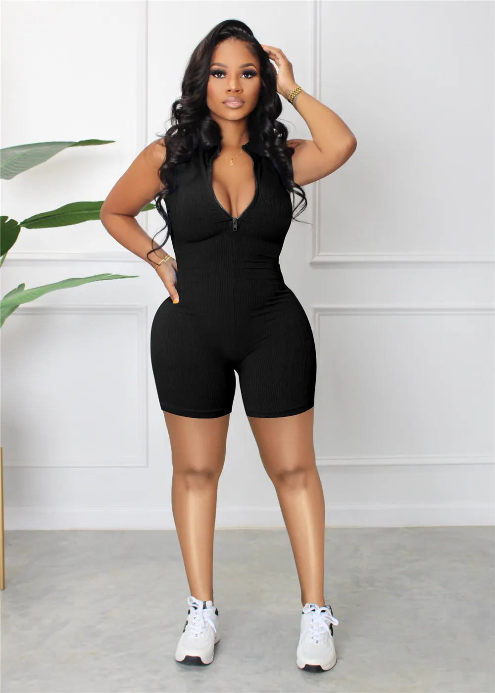 Designer Ribbed Rompers Summer Women Sleeveless Jumpsuits Casual Solid Zipper Bodycon Playsuits One Piece Overalls Bulk Items Wholesale Clothes 9415