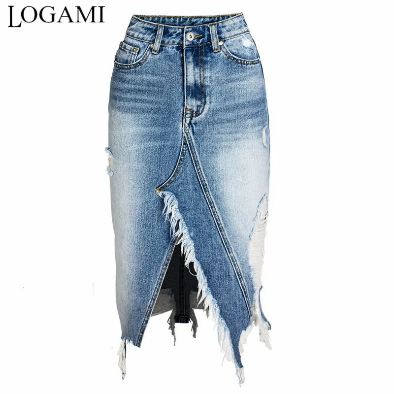 Saias LOGAMI rasgado Denim Peça colada ao corpo Saia lápis assimétrica feminina Saia jeans alta fenda feminina Saia midi 2XL 230710